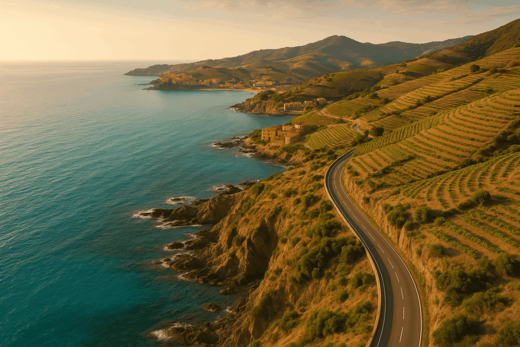 Route côtière de la Côte Vermeille entre Collioure et Cerbère, longeant la mer turquoise.