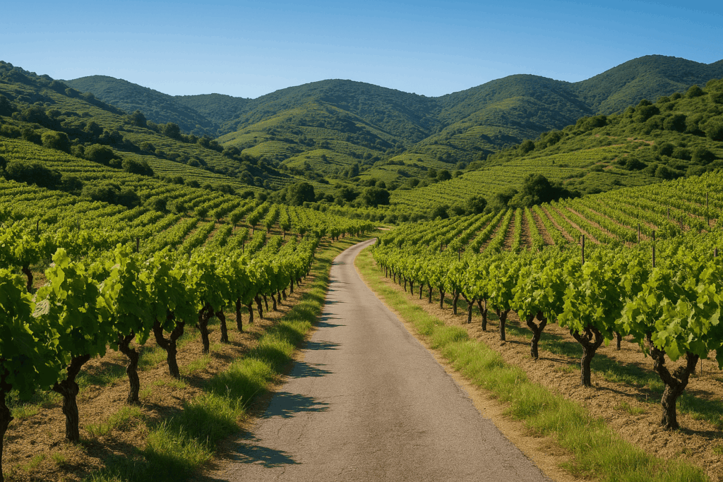 Route des vins du Roussillon traversant les vignobles de Banyuls et Maury.
