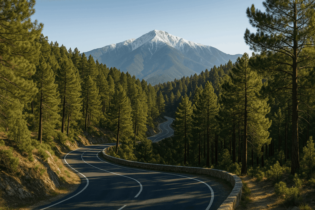 Route de montagne avec vue sur le pic du Canigou dans les Pyrénées-Orientales.