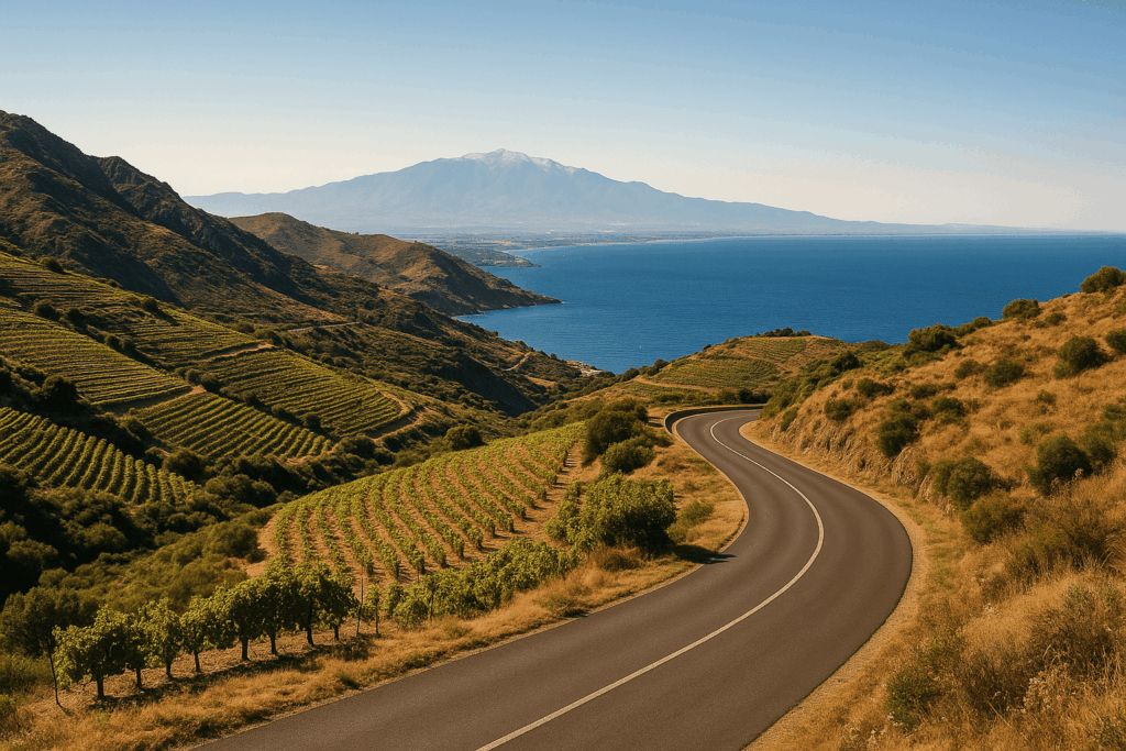 Route panoramique entre mer et montagne dans les Pyrénées-Orientales, vue sur le Canigou et la Méditerranée.