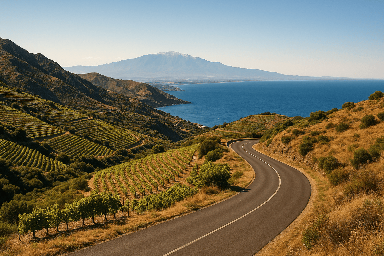Route panoramique entre mer et montagne dans les Pyrénées-Orientales, vue sur le Canigou et la Méditerranée.