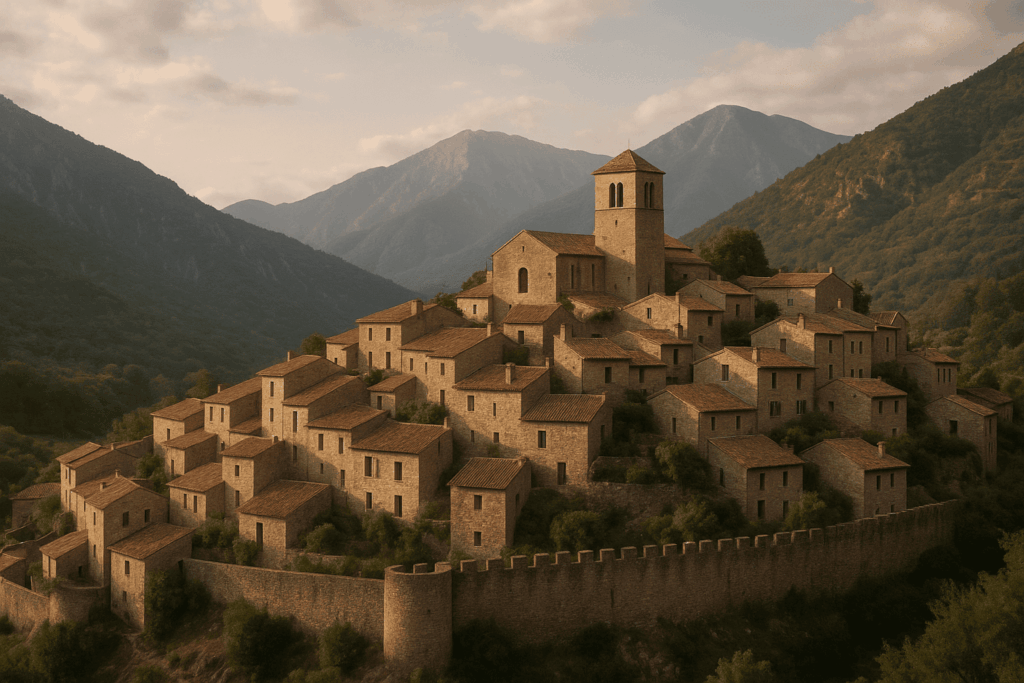 Village fortifié du Roussillon, avec remparts, ruelles et vue sur les montagnes.