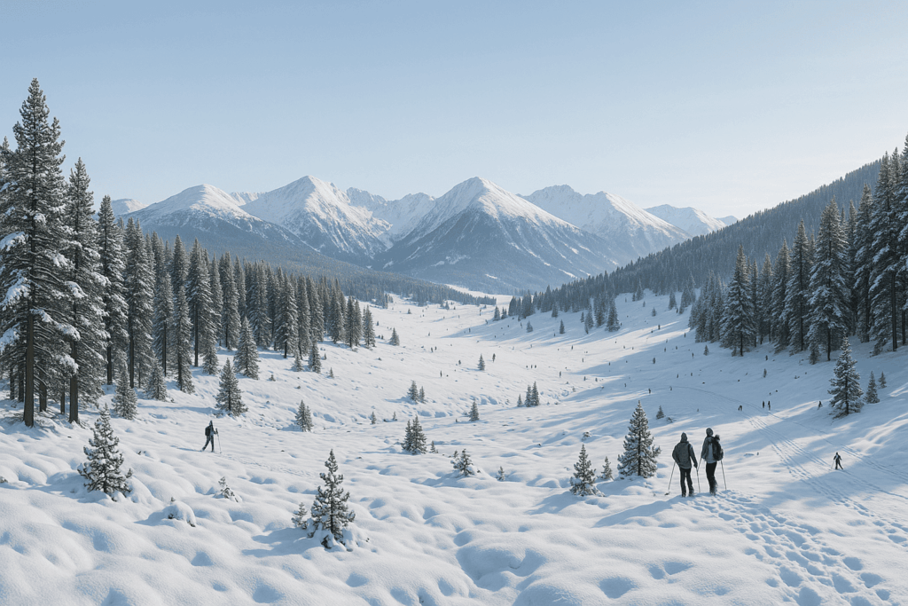 Panorama d’hiver dans le Capcir avec forêt enneigée et montagnes.