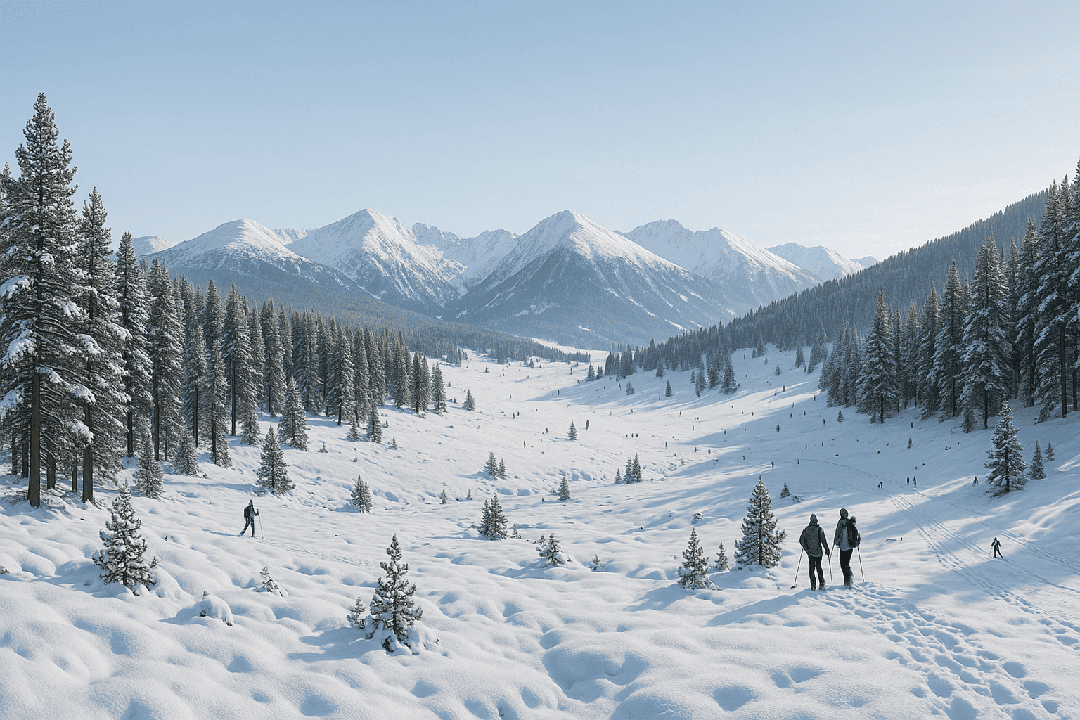 Panorama d’hiver dans le Capcir avec forêt enneigée et montagnes.