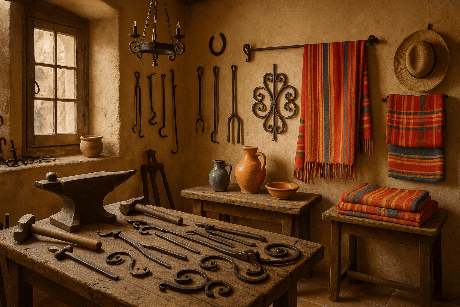 Atelier d’artisans catalans dans le Roussillon avec objets traditionnels et lumière naturelle.