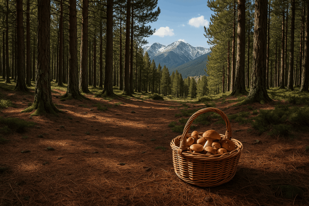 Forêt de pins du Capcir avec panier de champignons.