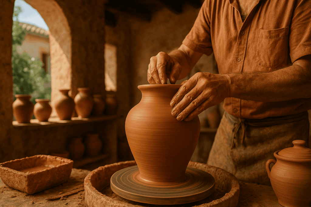 Atelier de poterie à Céret, artisan travaillant la terre cuite.