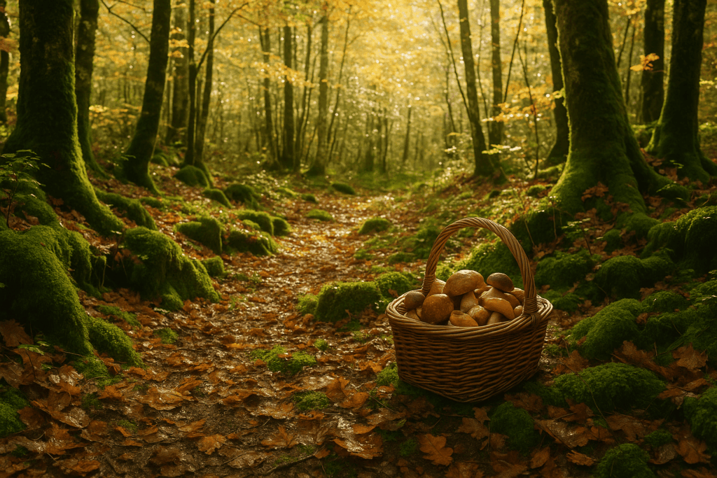 Panier de champignons dans une forêt catalane en automne.
