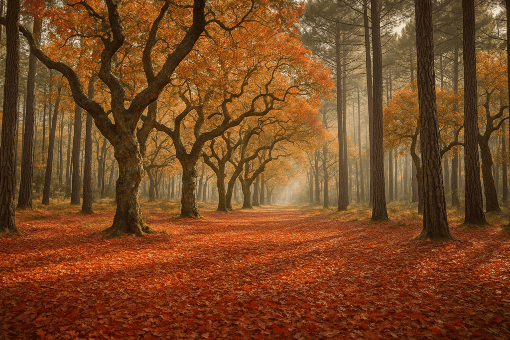 Forêt catalane en automne dans les Pyrénées-Orientales avec chênes-lièges et feuilles dorées.
