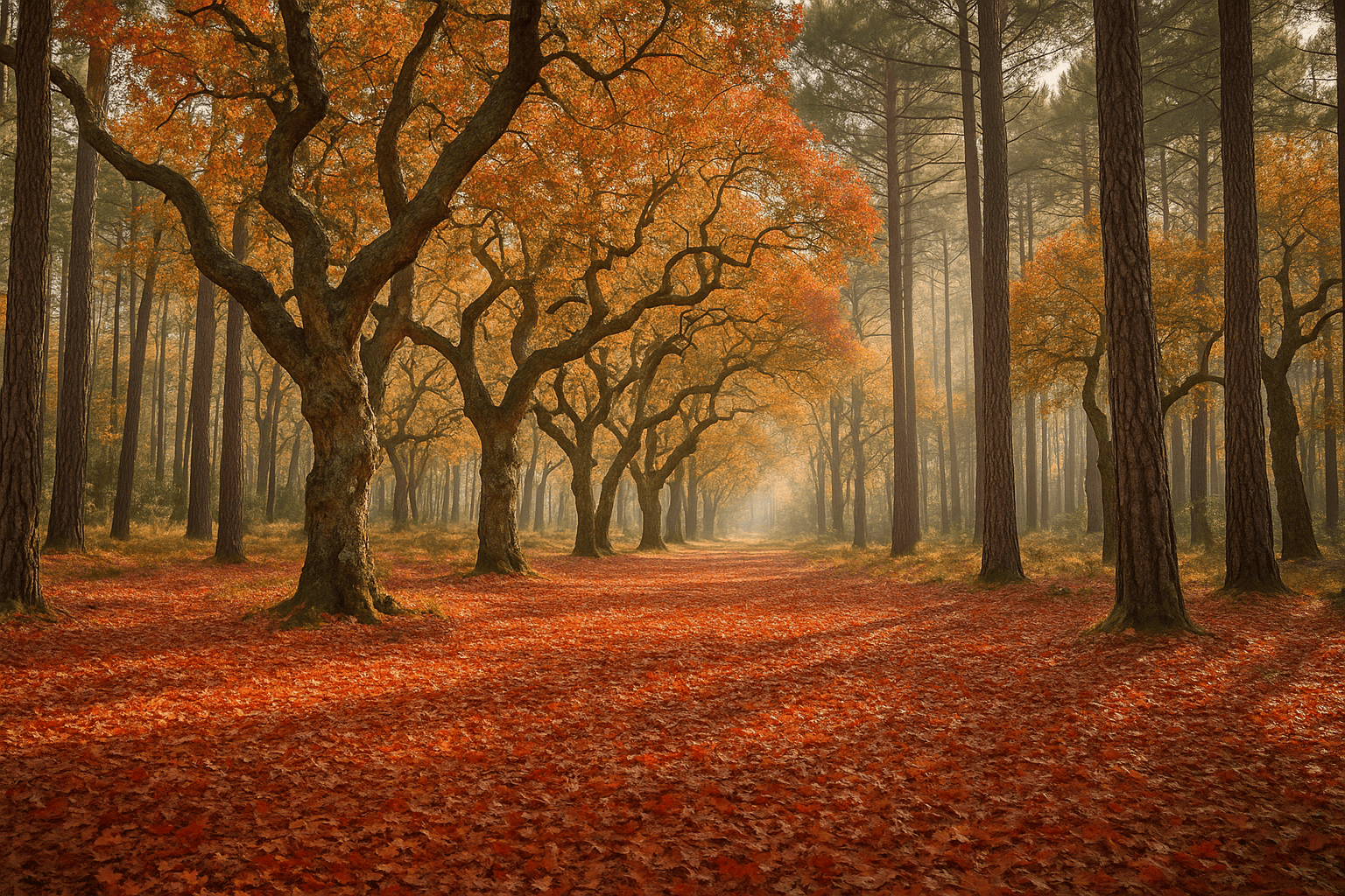 Forêt catalane en automne dans les Pyrénées-Orientales avec chênes-lièges et feuilles dorées.