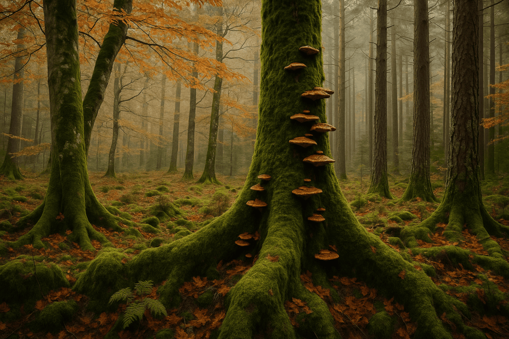 Forêt du Canigou avec mousses et champignons sauvages.