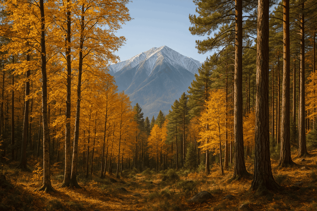 Forêt au pied du Canigou avec arbres colorés et montagne en fond.
