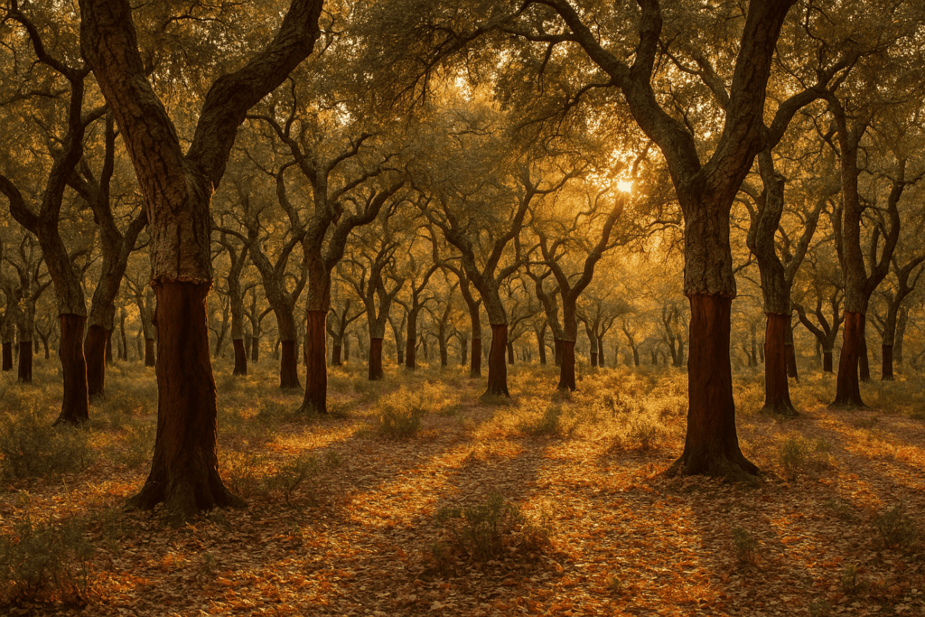 Forêt de chênes-lièges dans le Vallespir sous la lumière dorée d’automne.