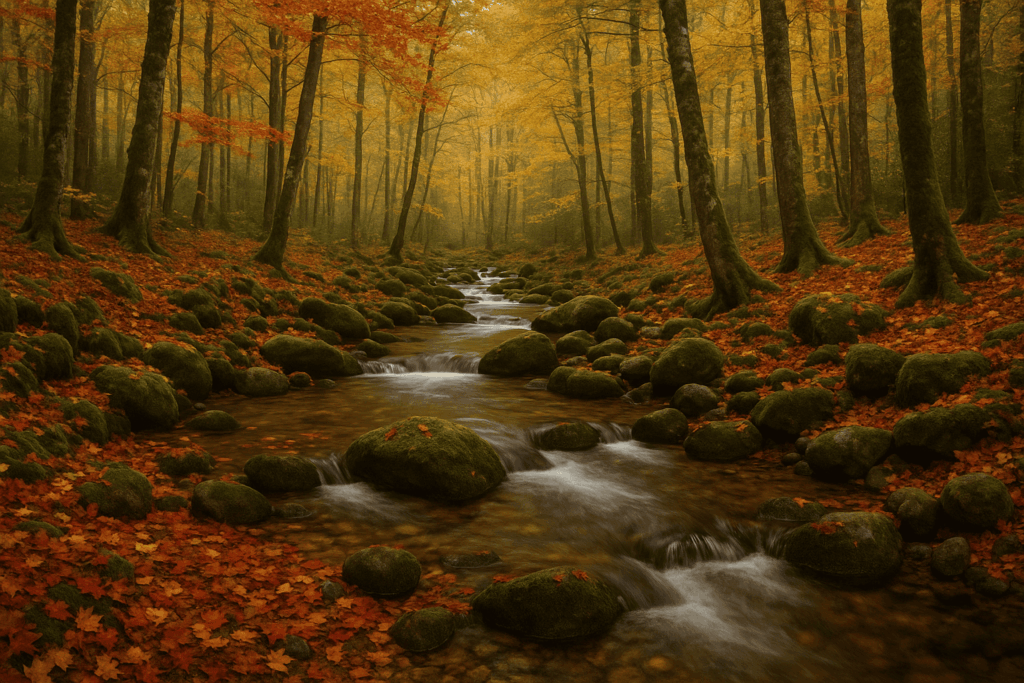 Forêt d’En Malo à Prades avec ruisseau et feuillage d’automne.
