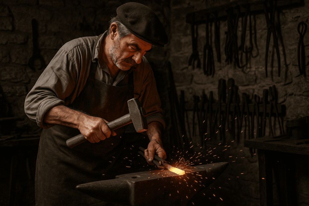 Artisan catalan forgeant le fer dans son atelier traditionnel.