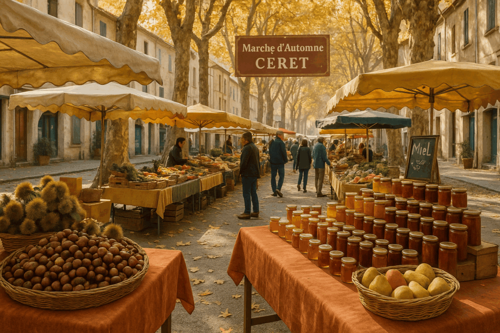 Marché d’automne à Céret avec étals de châtaignes et produits catalans.