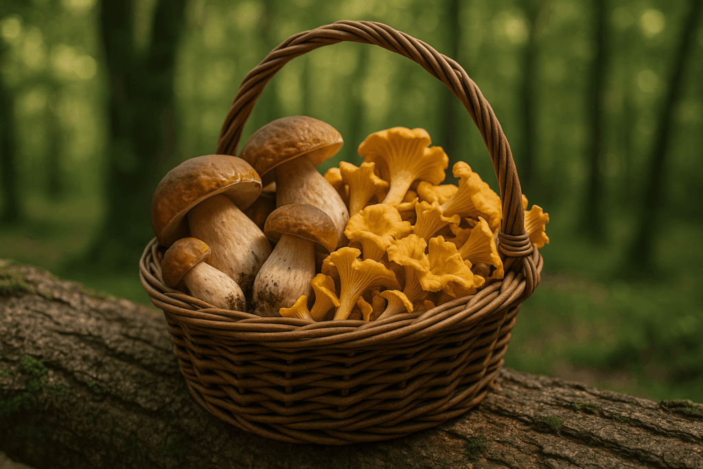 Panier de cèpes et girolles dans une forêt du Roussillon.