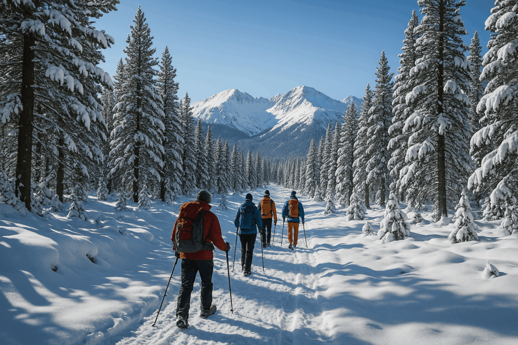 Randonneurs dans la neige au Capcir, Pyrénées-Orientales.