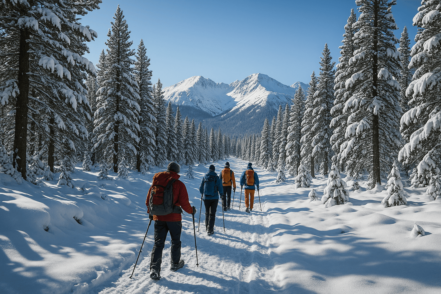 Randonneurs dans la neige au Capcir, Pyrénées-Orientales.