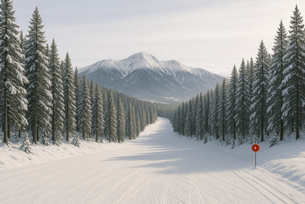 Station de Formiguères entourée de pins enneigés.