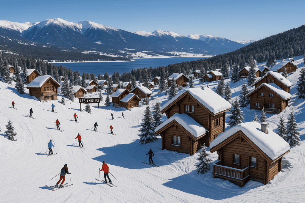 Station des Angles avec vue sur le lac de Matemale en hiver.