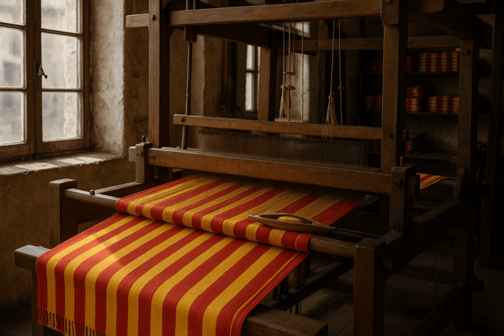 Atelier de tissage catalan à Saint-Laurent-de-Cerdans avec tissus rayés rouges et jaunes.