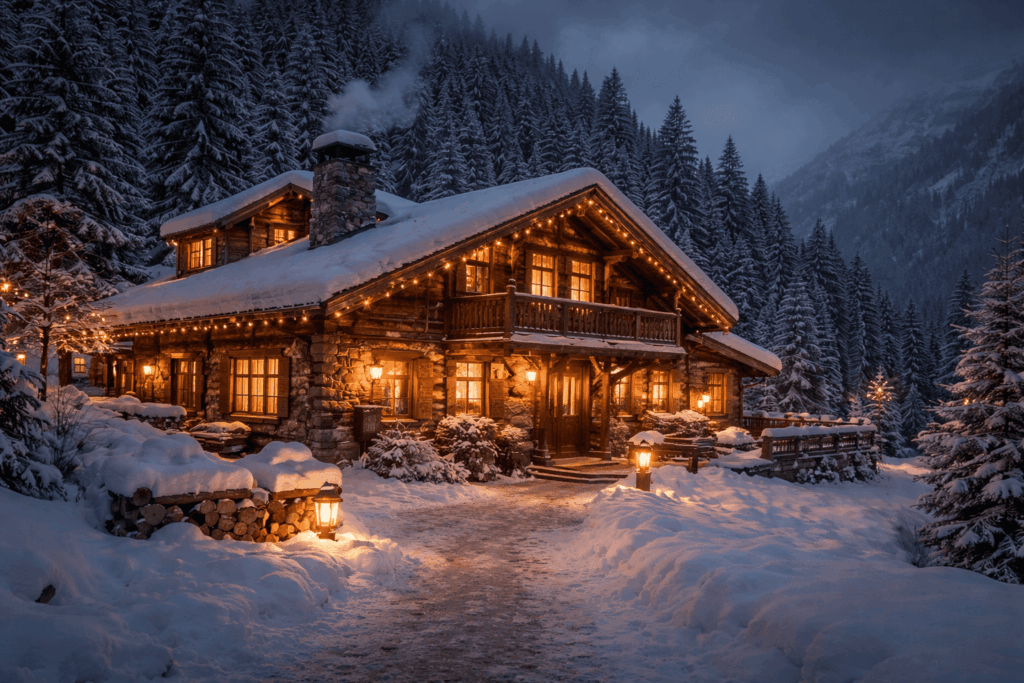 Auberge de montagne éclairée le soir en hiver.