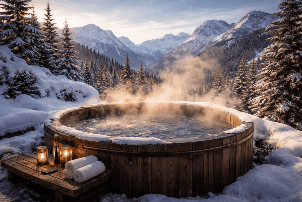 Bain nordique en montagne entouré de neige.