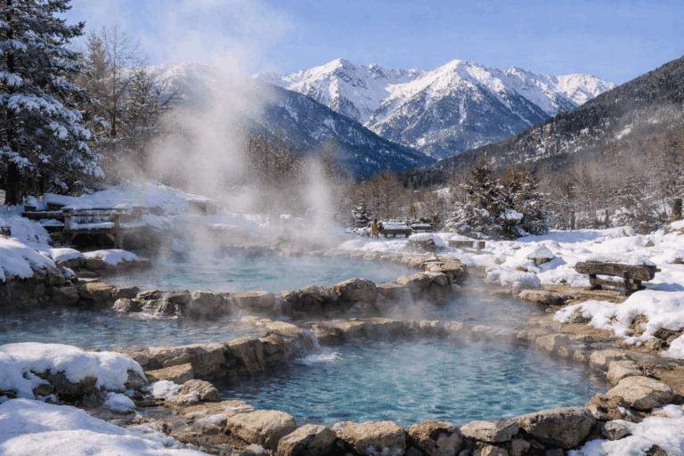 Bains chauds naturels entourés de neige dans les Pyrénées-Orientales.
