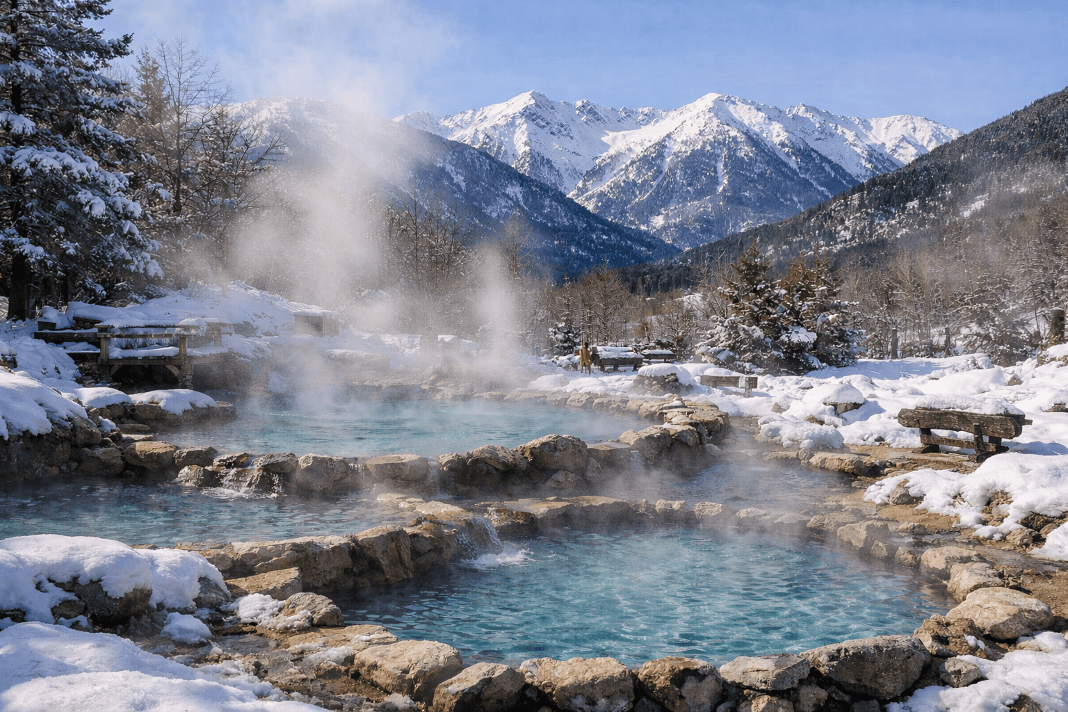 Bains chauds naturels entourés de neige dans les Pyrénées-Orientales.