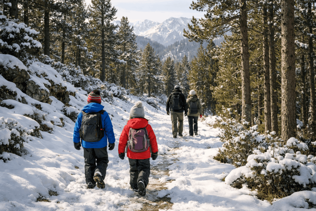 Balade en forêt enneigée avec des enfants dans le 66.