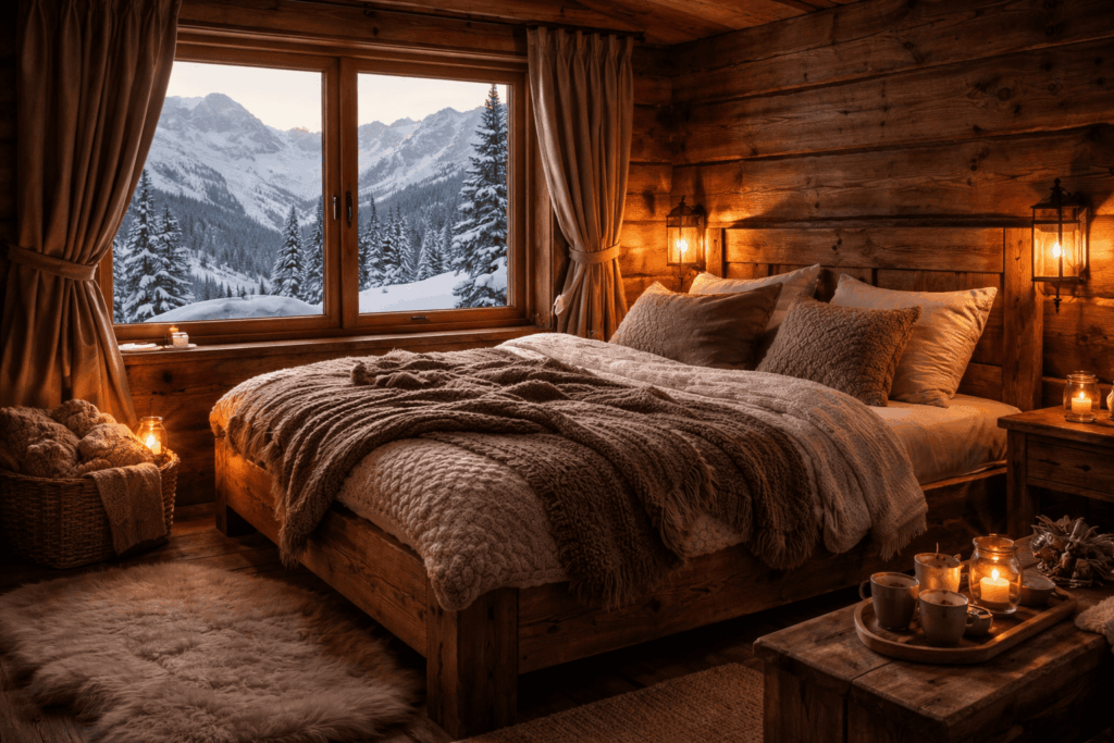 Chambre cocooning avec vue sur la neige en montagne.