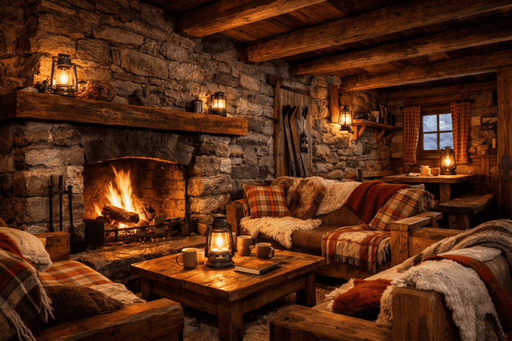 Cheminée allumée dans un refuge de montagne en hiver.