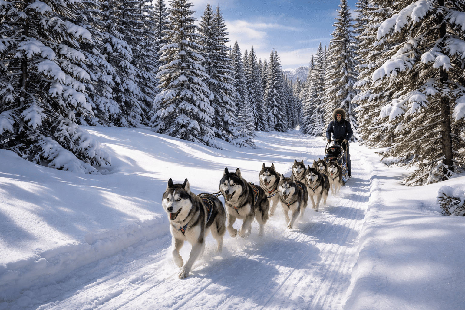Chiens de traîneau dans le Capcir en hiver.