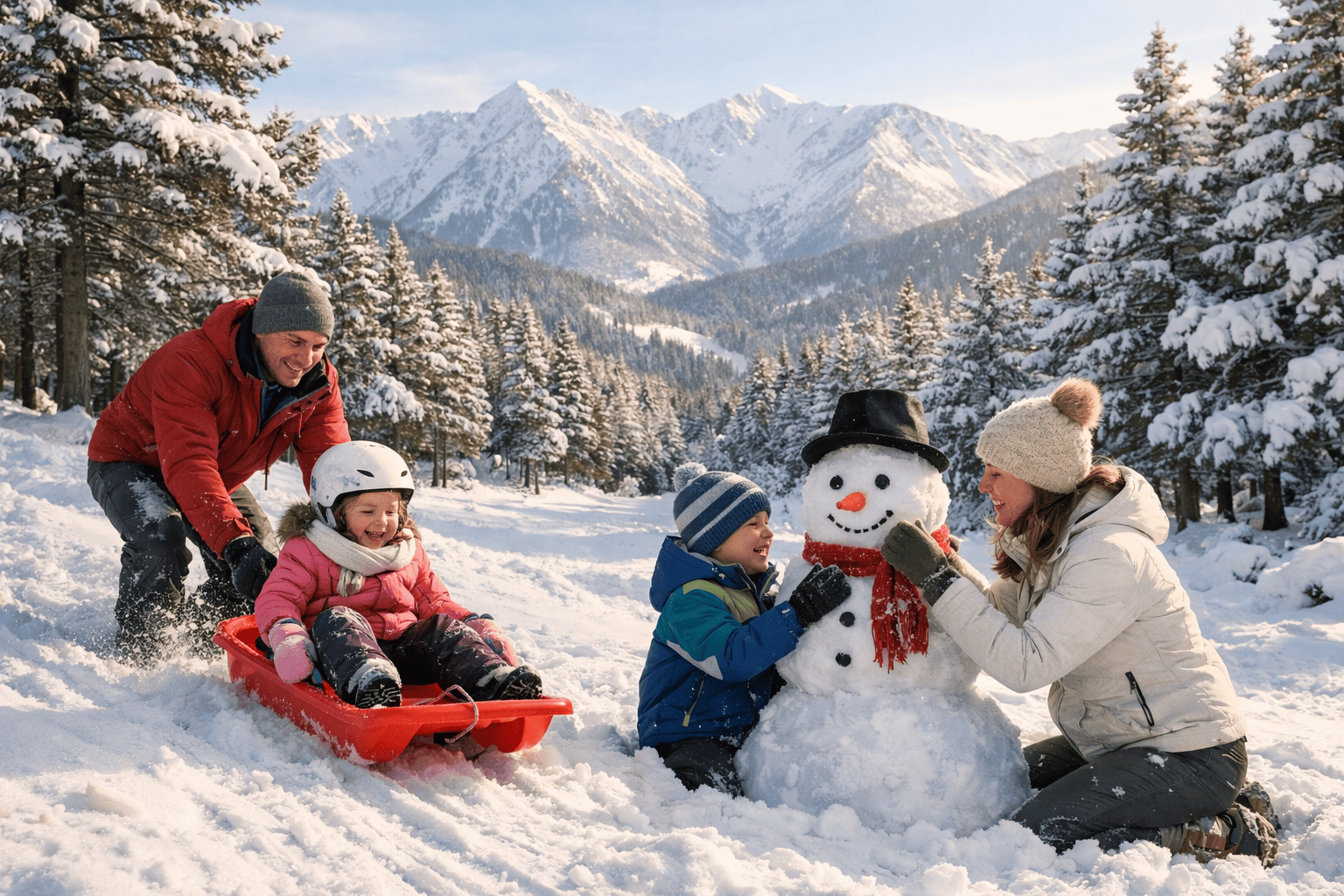 Famille avec enfants profitant de la neige dans les Pyrénées-Orientales.