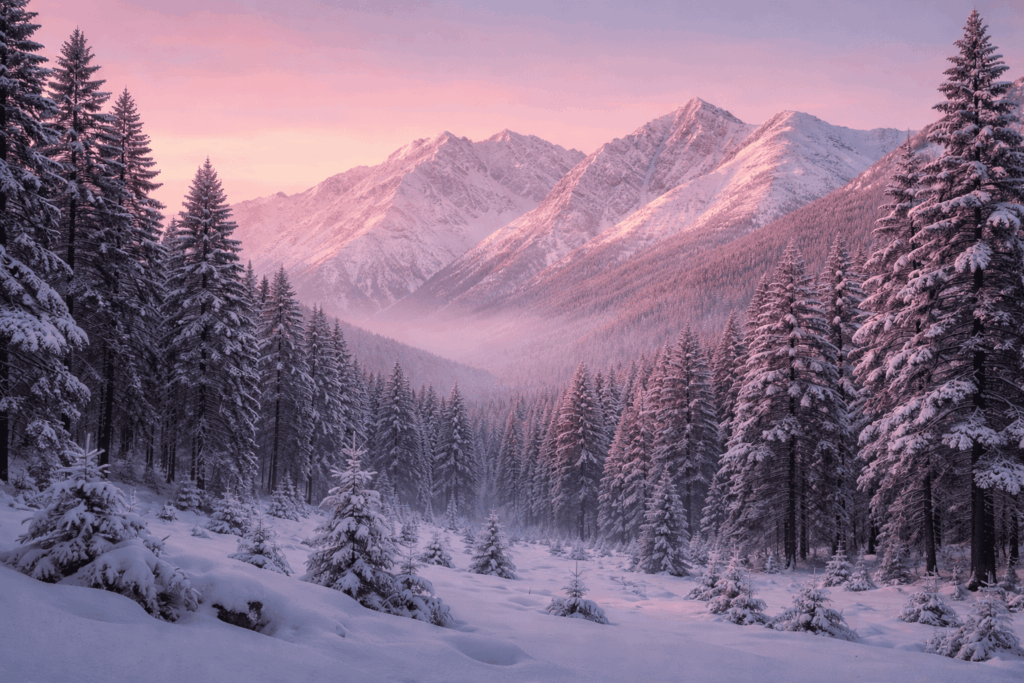 Lever de soleil sur les montagnes enneigées des Pyrénées-Orientales.