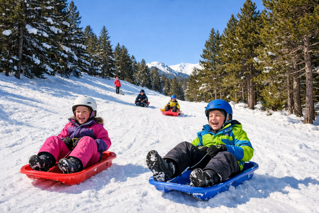 Enfants faisant de la luge dans le Capcir en hiver.