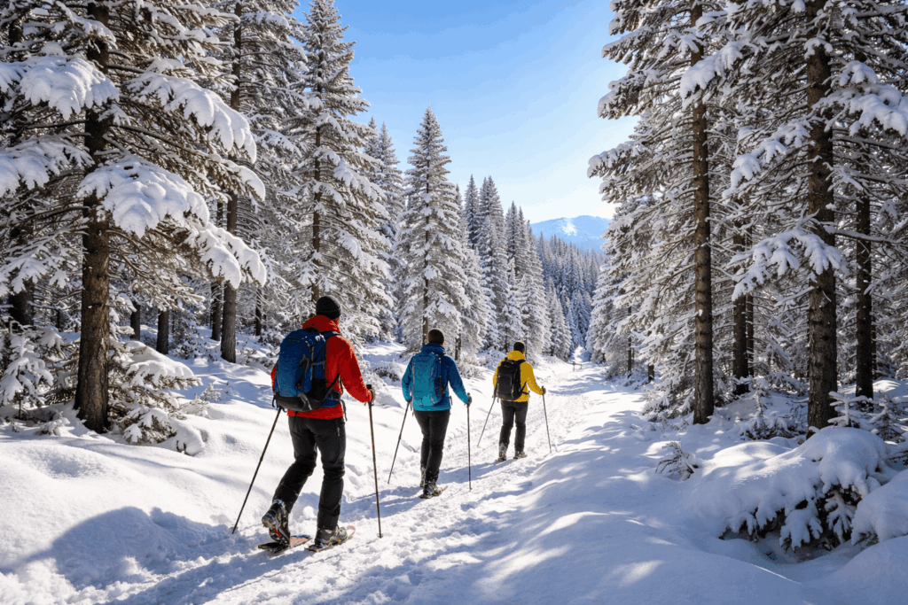 Balade en raquettes dans le Capcir en hiver.