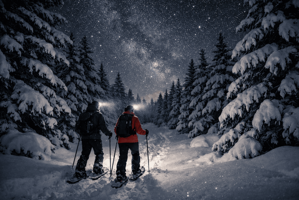 Randonnée nocturne en raquettes dans la neige.