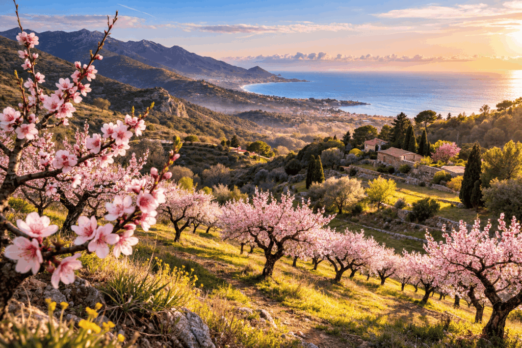 Amandiers en fleurs avec le Canigou en arrière-plan.
