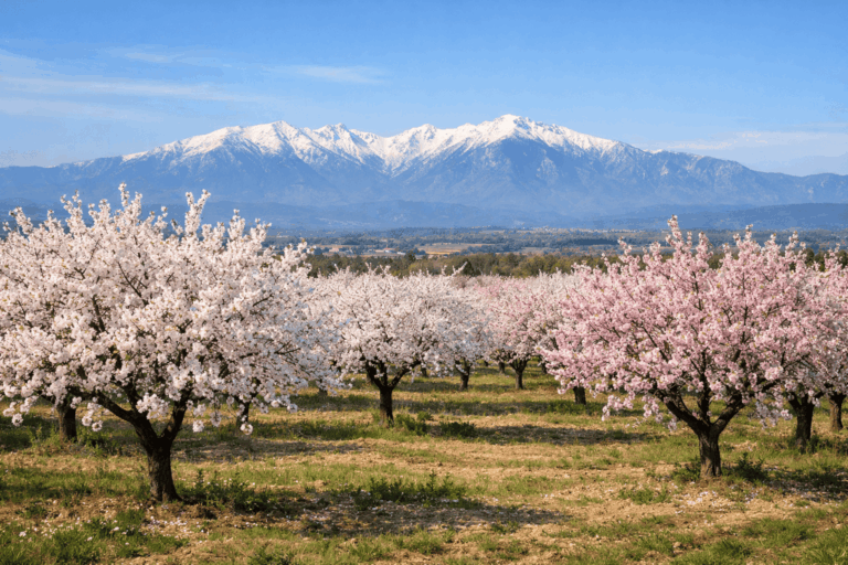Amandiers en fleurs dans la plaine du Roussillon au printemps.