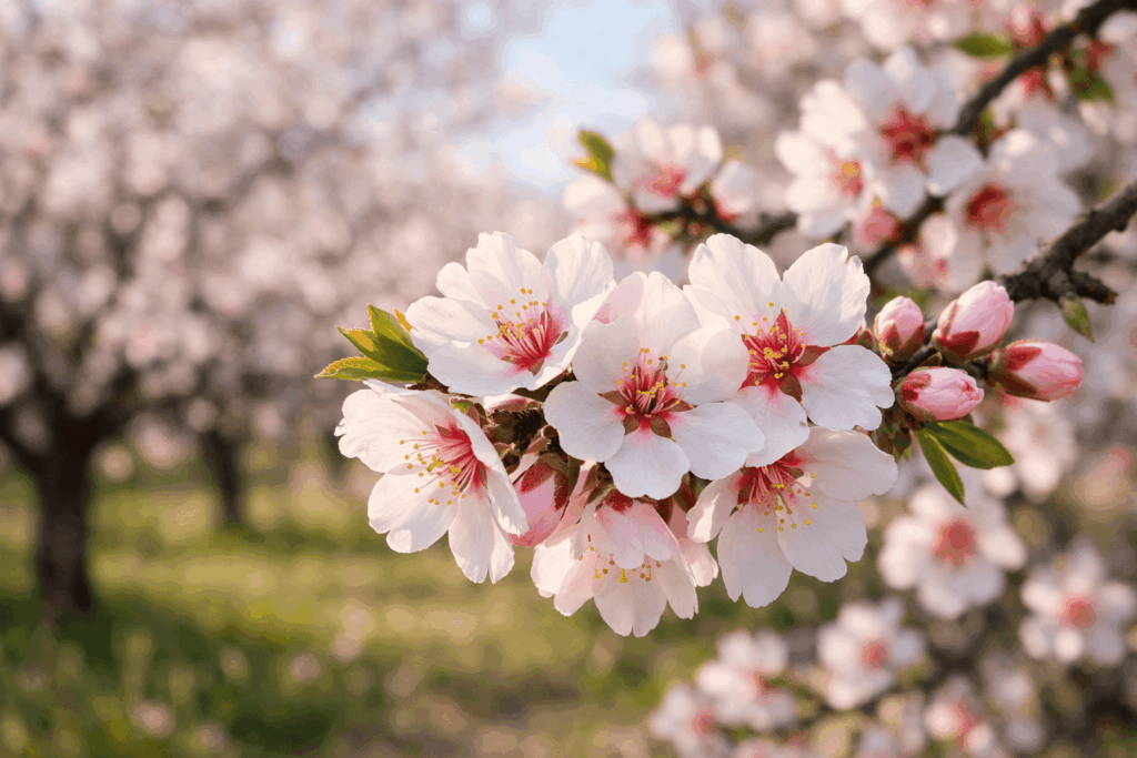 Détail des fleurs d’amandier au printemps dans le 66.