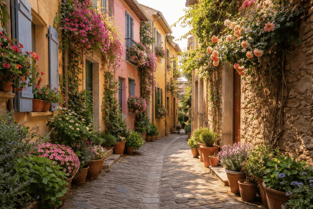 Ruelle fleurie de Collioure au printemps.